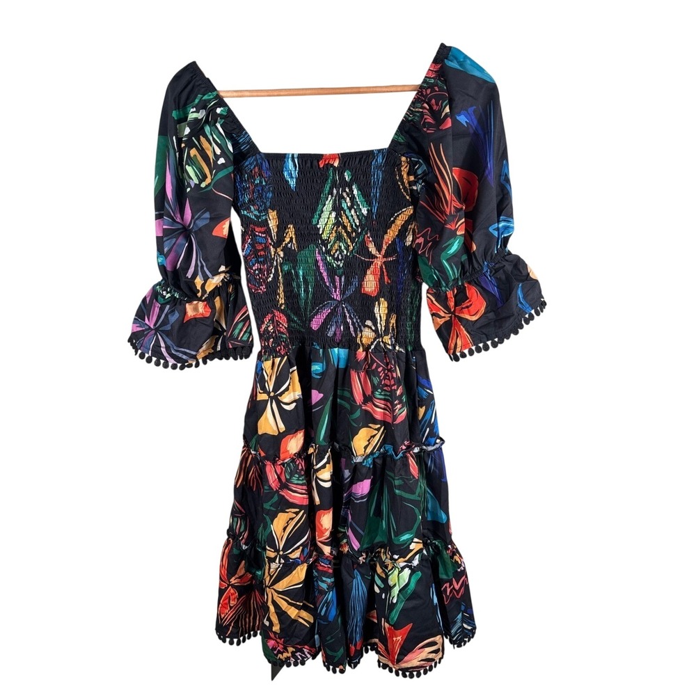 Kaimilan Women Size 8 Black Tropical Smocked Aline Squareneck Pom Pom Mini Dress